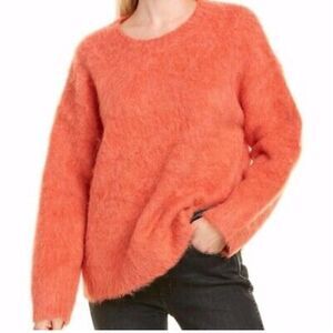 Cinq A Sept Wool Alpaca Pullover Sweater Size M Coral Orange Fuzzy Knit Crewneck